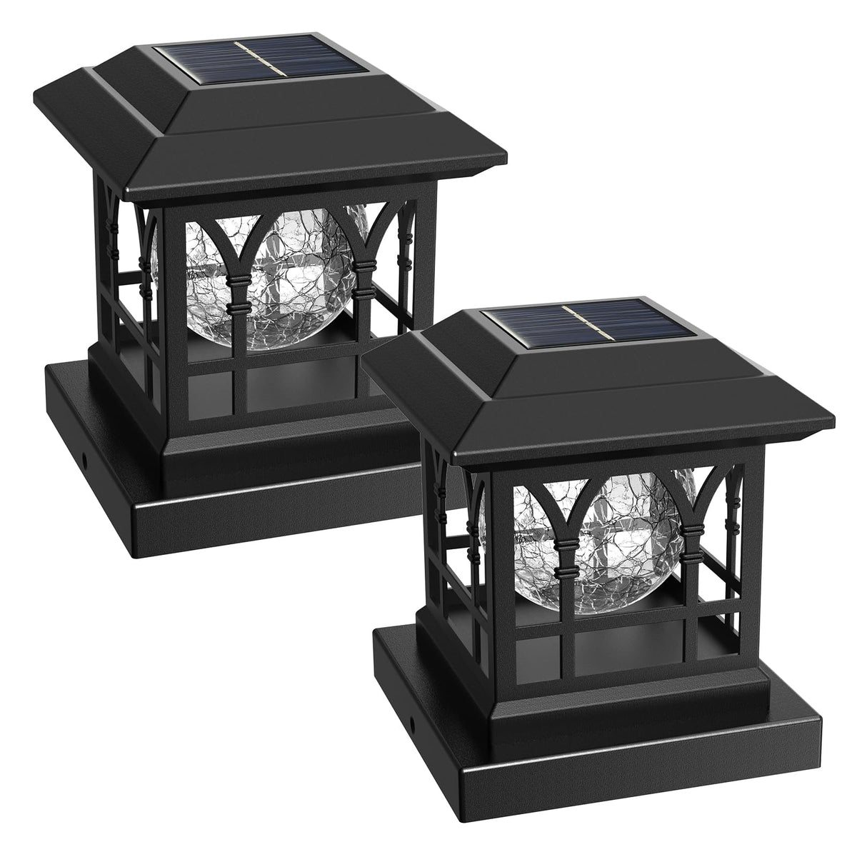 AEYANZZ Fence Post Solar Lights – Crackle Glass Caps, 20 Lumen Warm White & RGB, 2-Pack