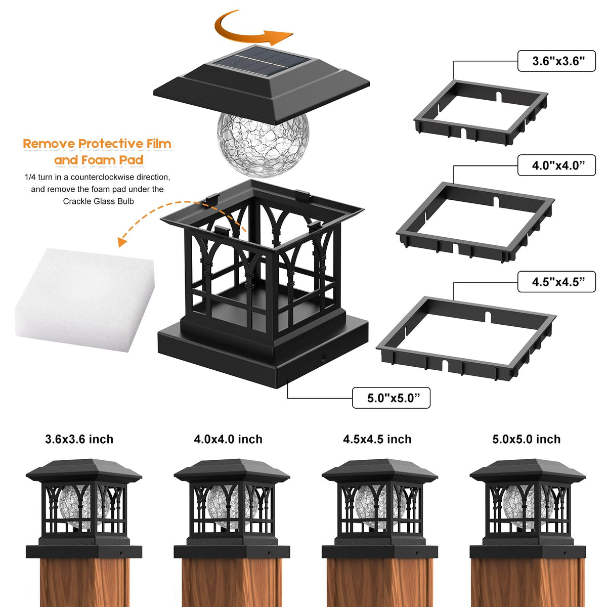 AEYANZZ Fence Post Solar Lights – Crackle Glass Caps, 20 Lumen Warm White & RGB, 2-Pack