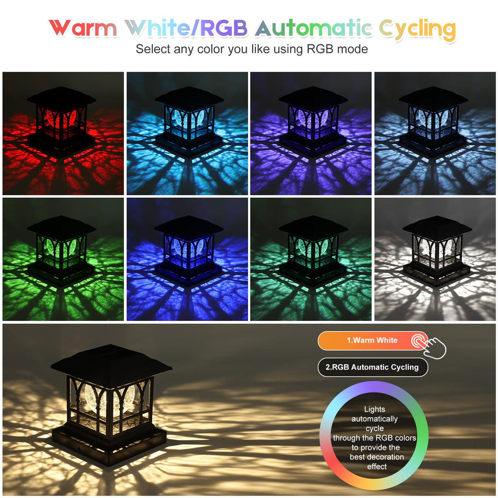 AEYANZZ Fence Post Solar Lights – Crackle Glass Caps, 20 Lumen Warm White & RGB, 2-Pack