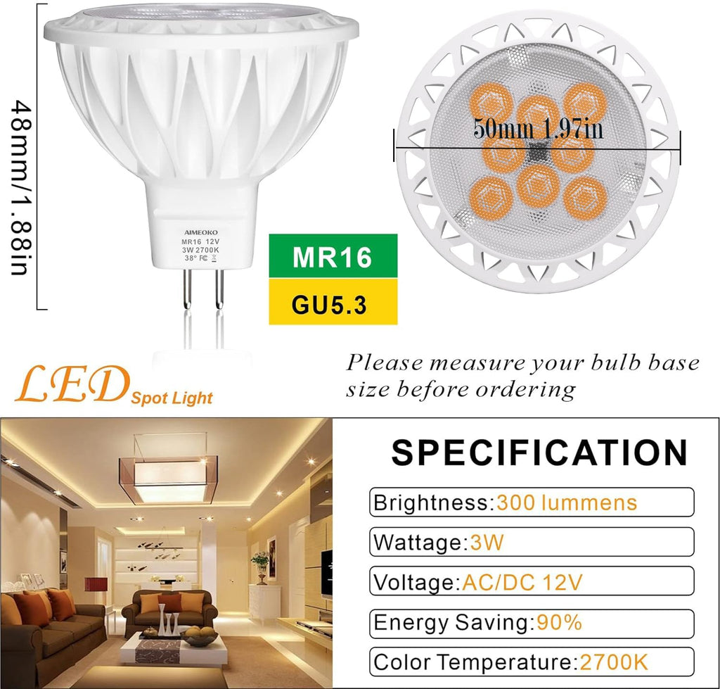 AIMEOKO MR16 LED Bulbs 3W 2700K GU5.3 12V Spotlight – 6 Pack for Landscape Recessed Track Lighting