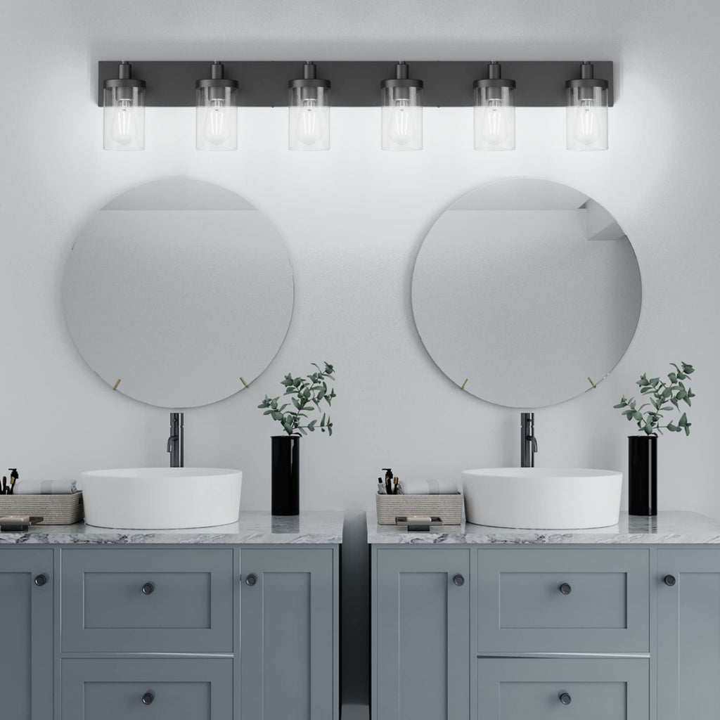 Aipsun 48in Vanity Light – Black 6-Light Fixture with Clear Glass Shades (Excludes Bulbs)