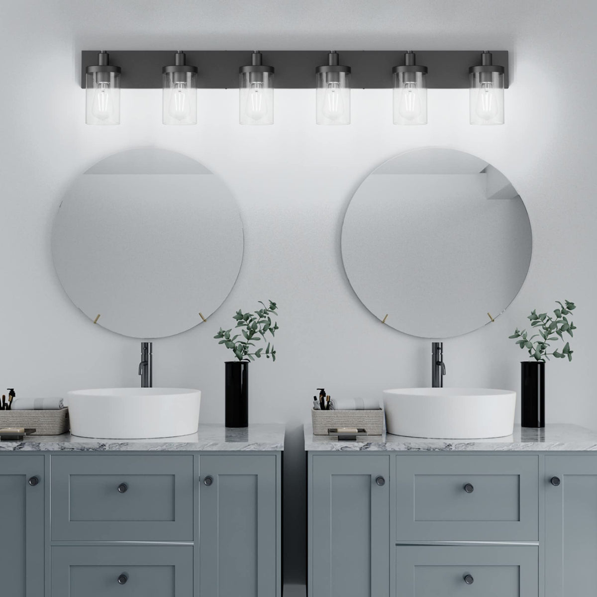 Aipsun 48in Vanity Light – Black 6-Light Fixture with Clear Glass Shades (Excludes Bulbs)