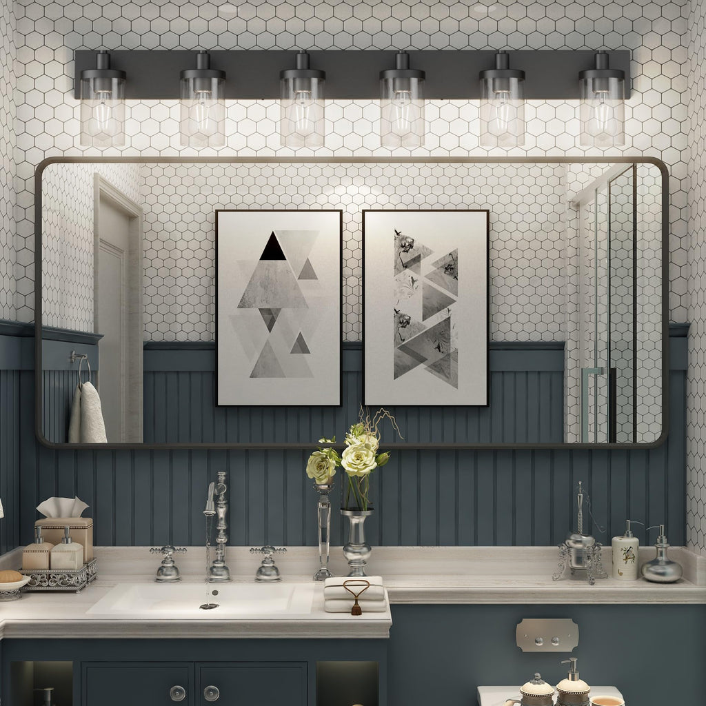 Aipsun 48in Vanity Light – Black 6-Light Fixture with Clear Glass Shades (Excludes Bulbs)