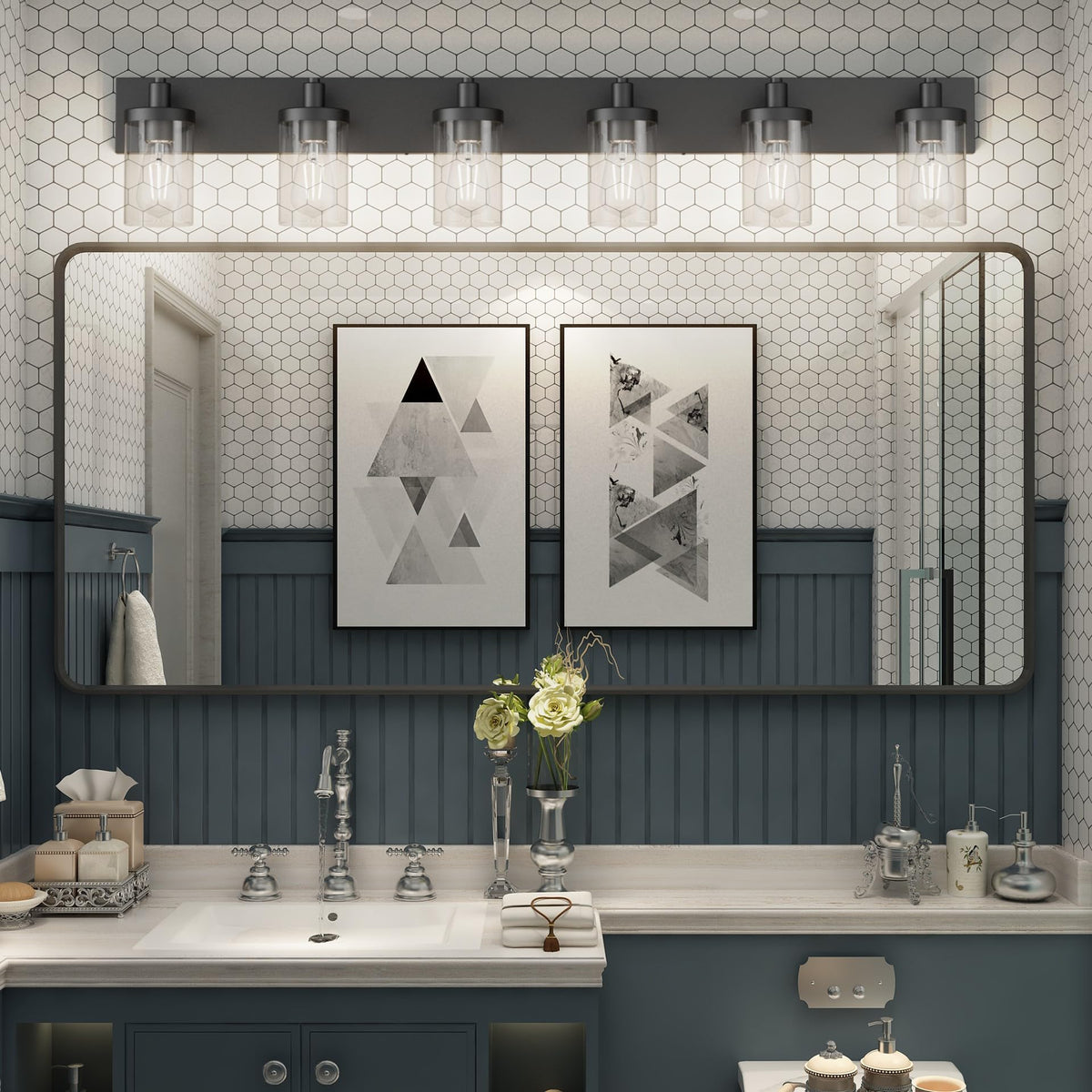 Aipsun 48in Vanity Light – Black 6-Light Fixture with Clear Glass Shades (Excludes Bulbs)
