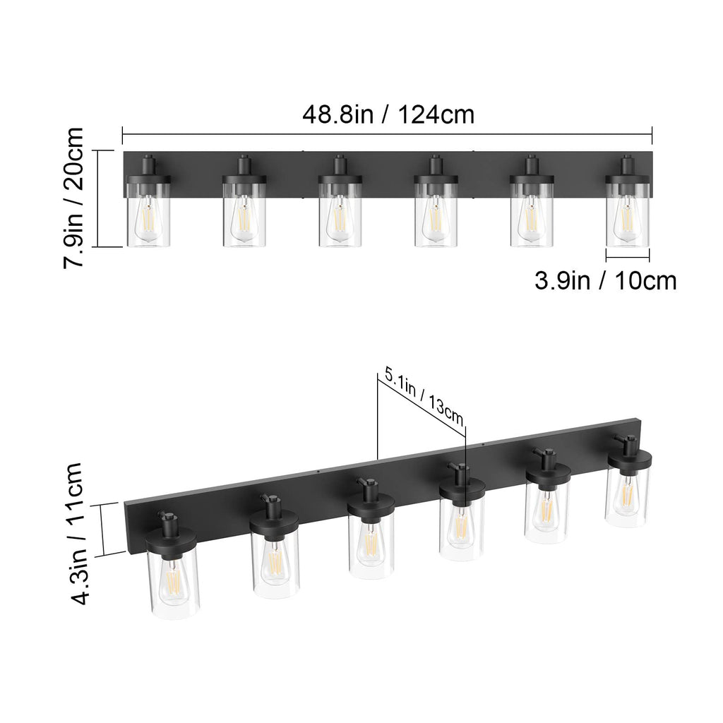 Aipsun 48in Vanity Light – Black 6-Light Fixture with Clear Glass Shades (Excludes Bulbs)