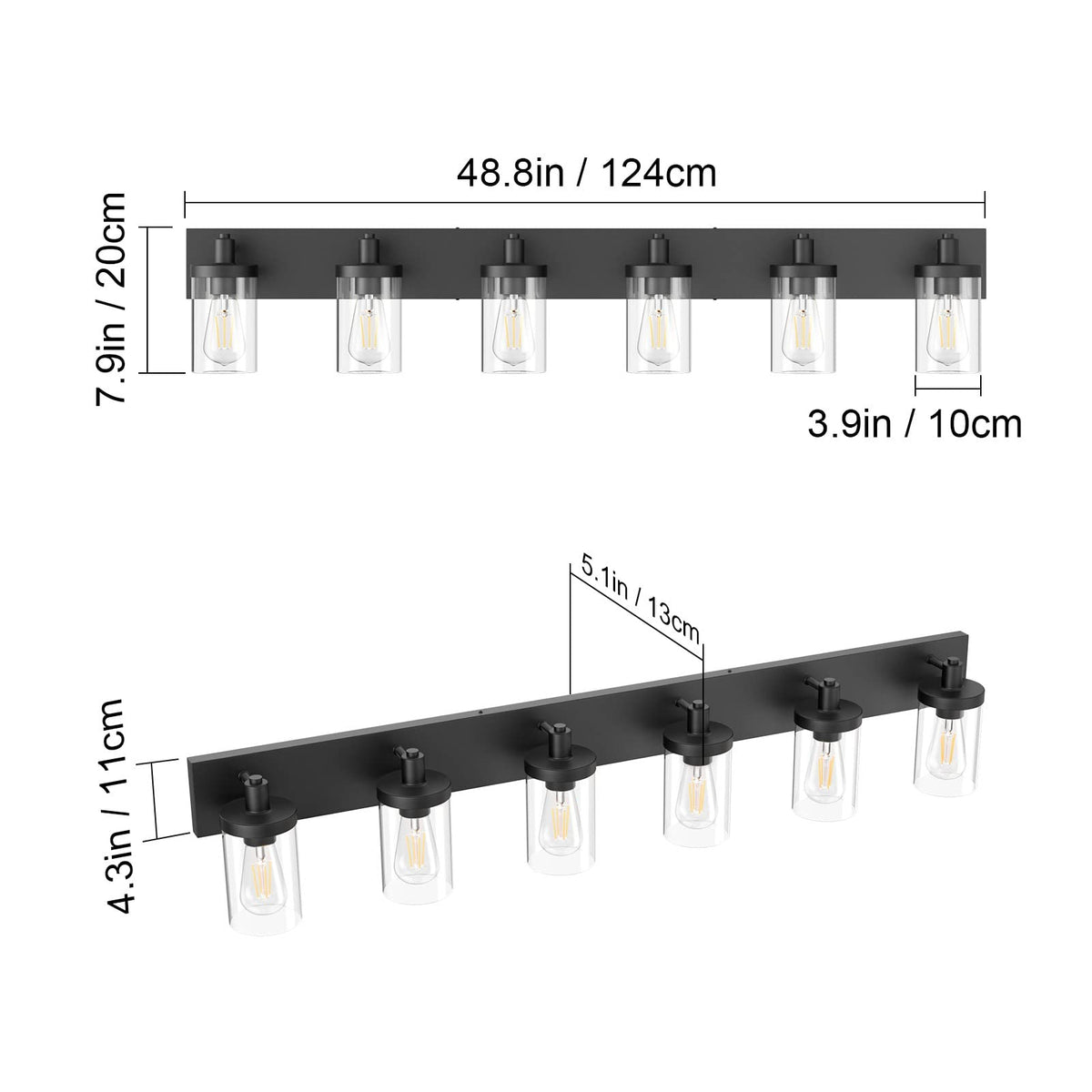 Aipsun 48in Vanity Light – Black 6-Light Fixture with Clear Glass Shades (Excludes Bulbs)