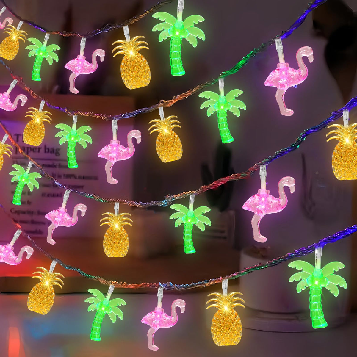 Aiyomt Summer Tropical Beach Hawaiian String Lights – 30 LED, 16ft Battery-Operated Flamingo, Pineapple & Palm Tree