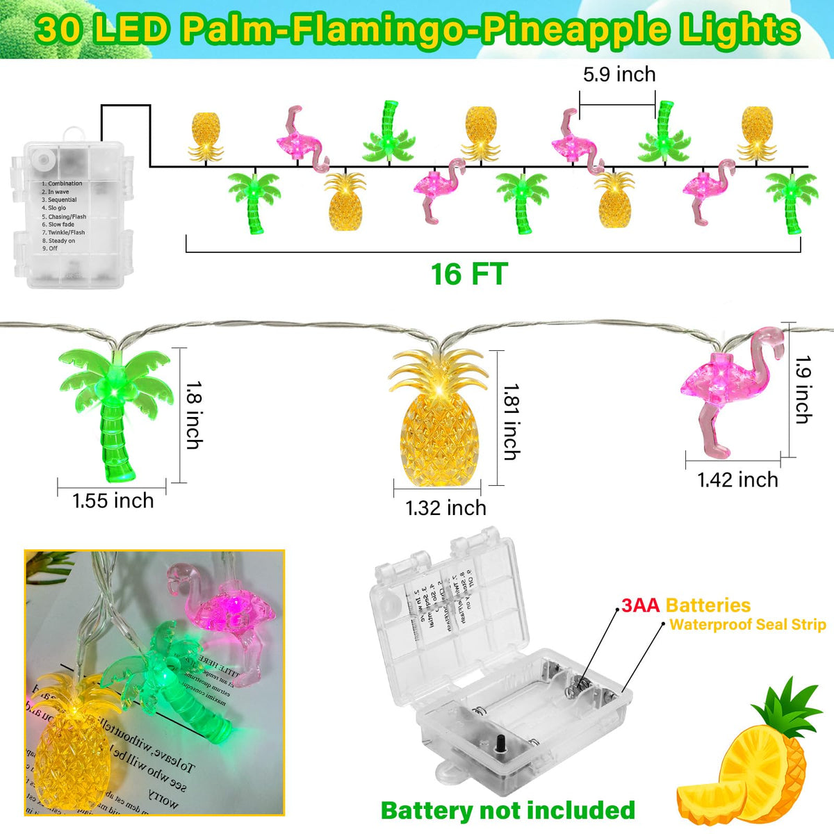 Aiyomt Summer Tropical Beach Hawaiian String Lights – 30 LED, 16ft Battery-Operated Flamingo, Pineapple & Palm Tree