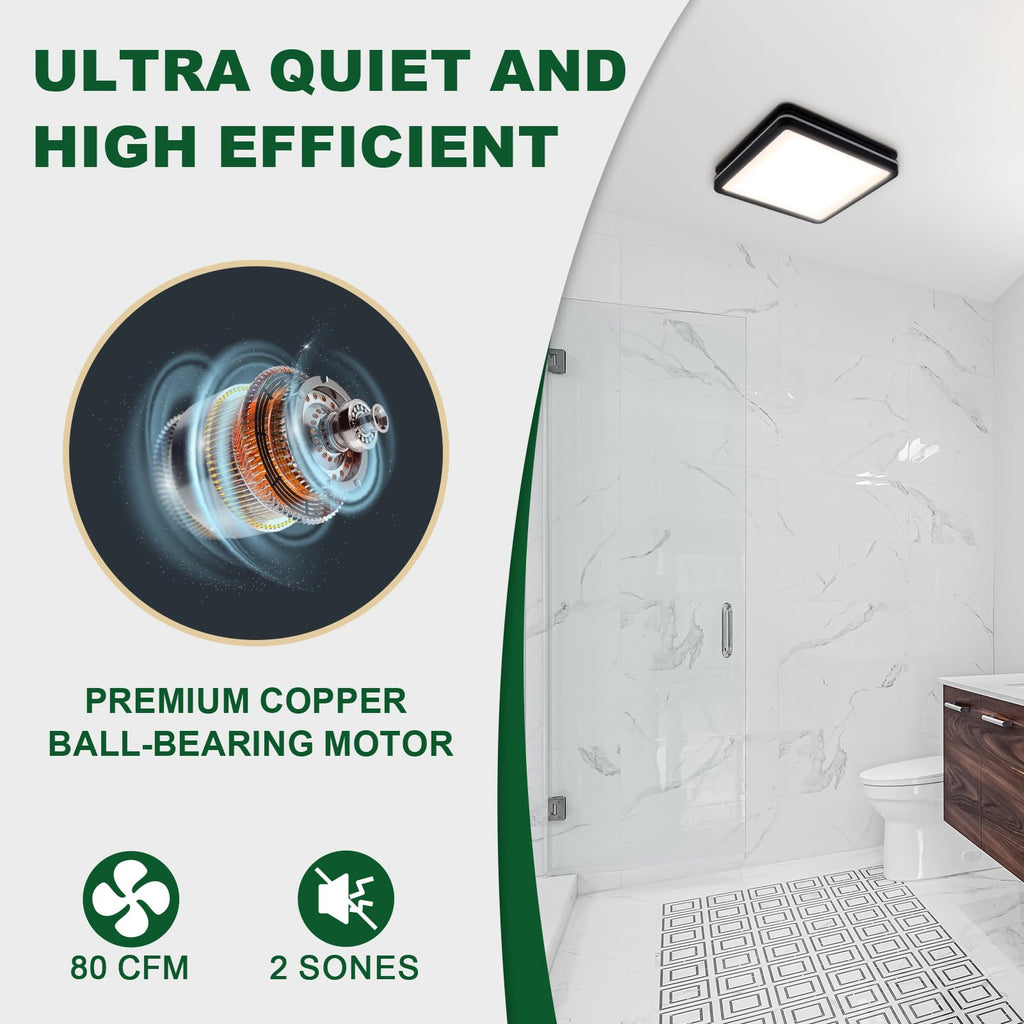 Akicon 80CFM Bathroom Exhaust Fan with Light – 3CCT LED, Nightlight, 2.0 Sones