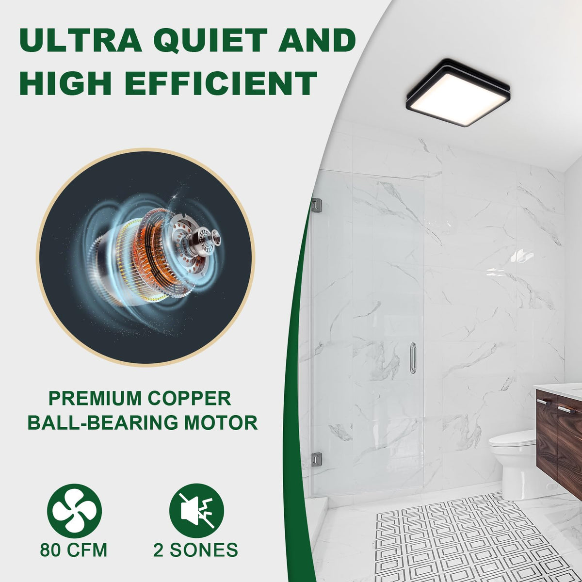 Akicon 80CFM Bathroom Exhaust Fan with Light – 3CCT LED, Nightlight, 2.0 Sones