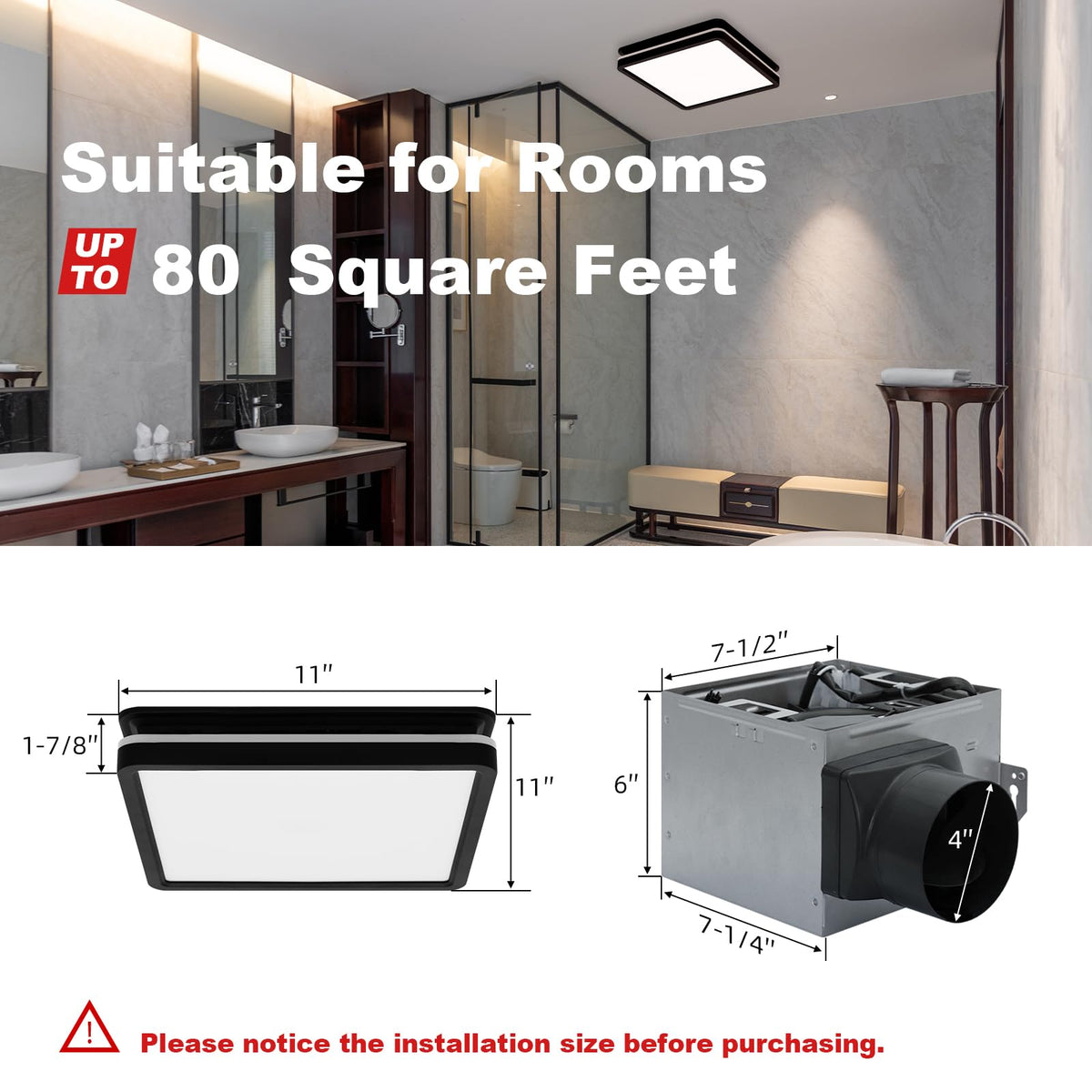 Akicon 80CFM Bathroom Exhaust Fan with Light – 3CCT LED, Nightlight, 2.0 Sones