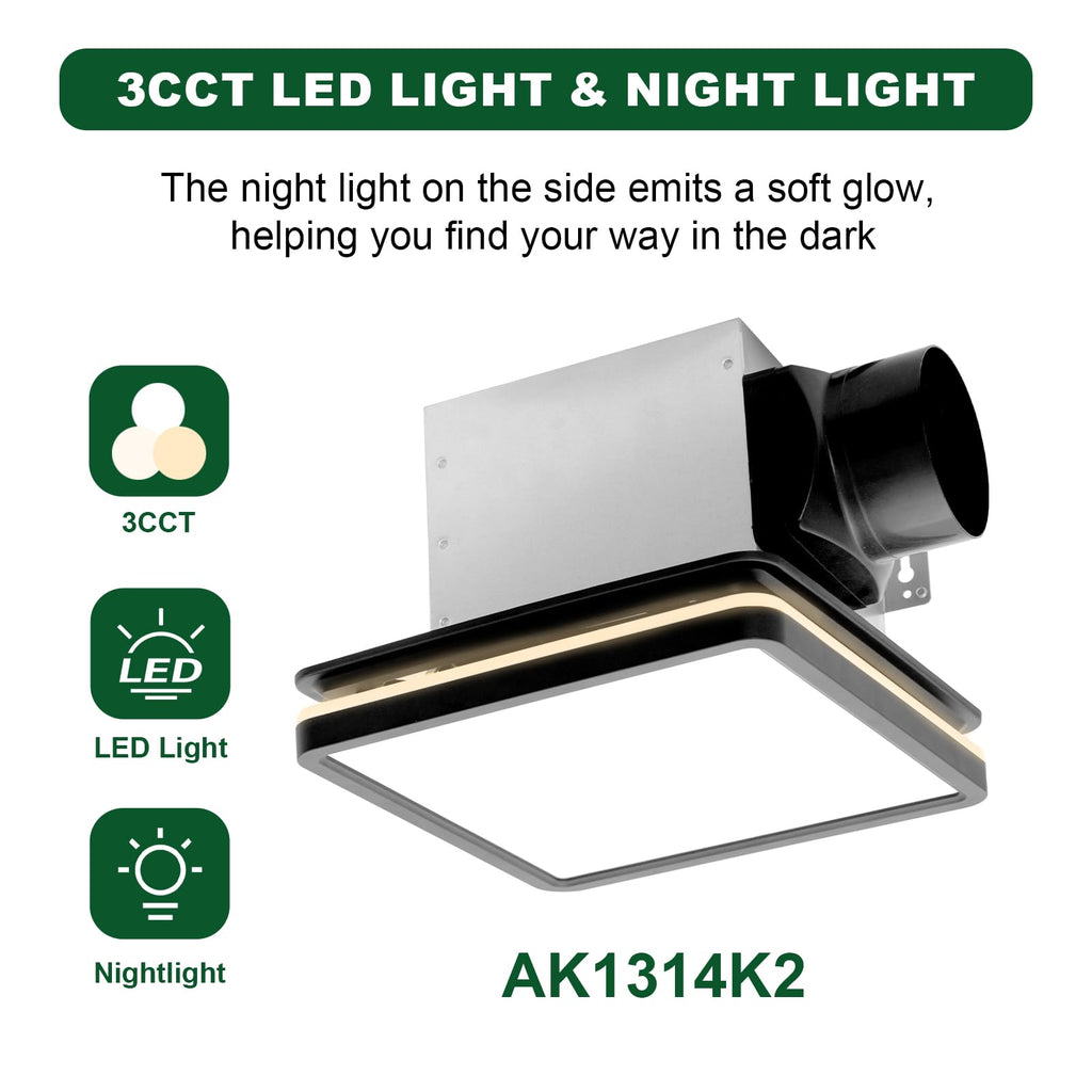 Akicon 80CFM Bathroom Exhaust Fan with Light – 3CCT LED, Nightlight, 2.0 Sones