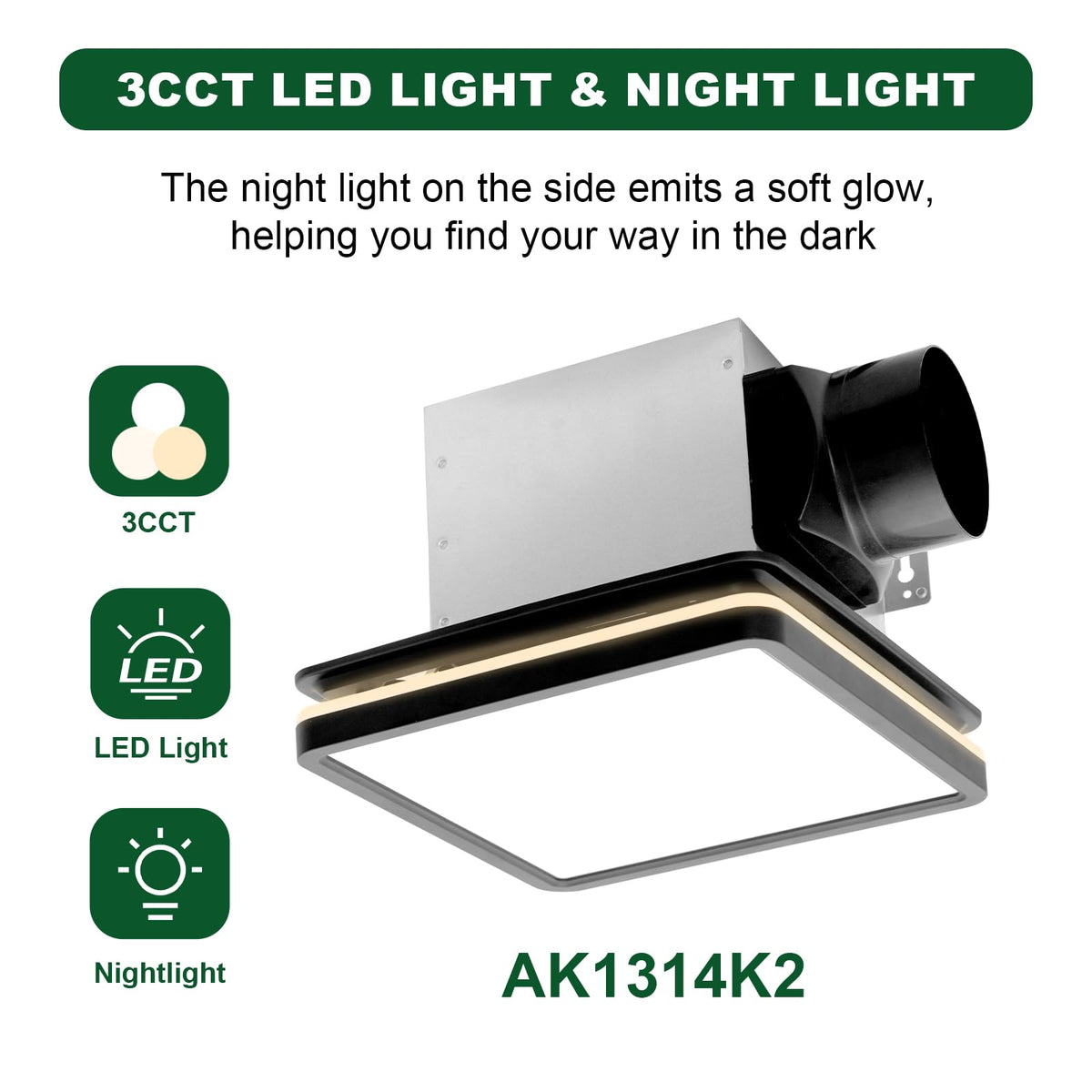 Akicon 80CFM Bathroom Exhaust Fan with Light – 3CCT LED, Nightlight, 2.0 Sones