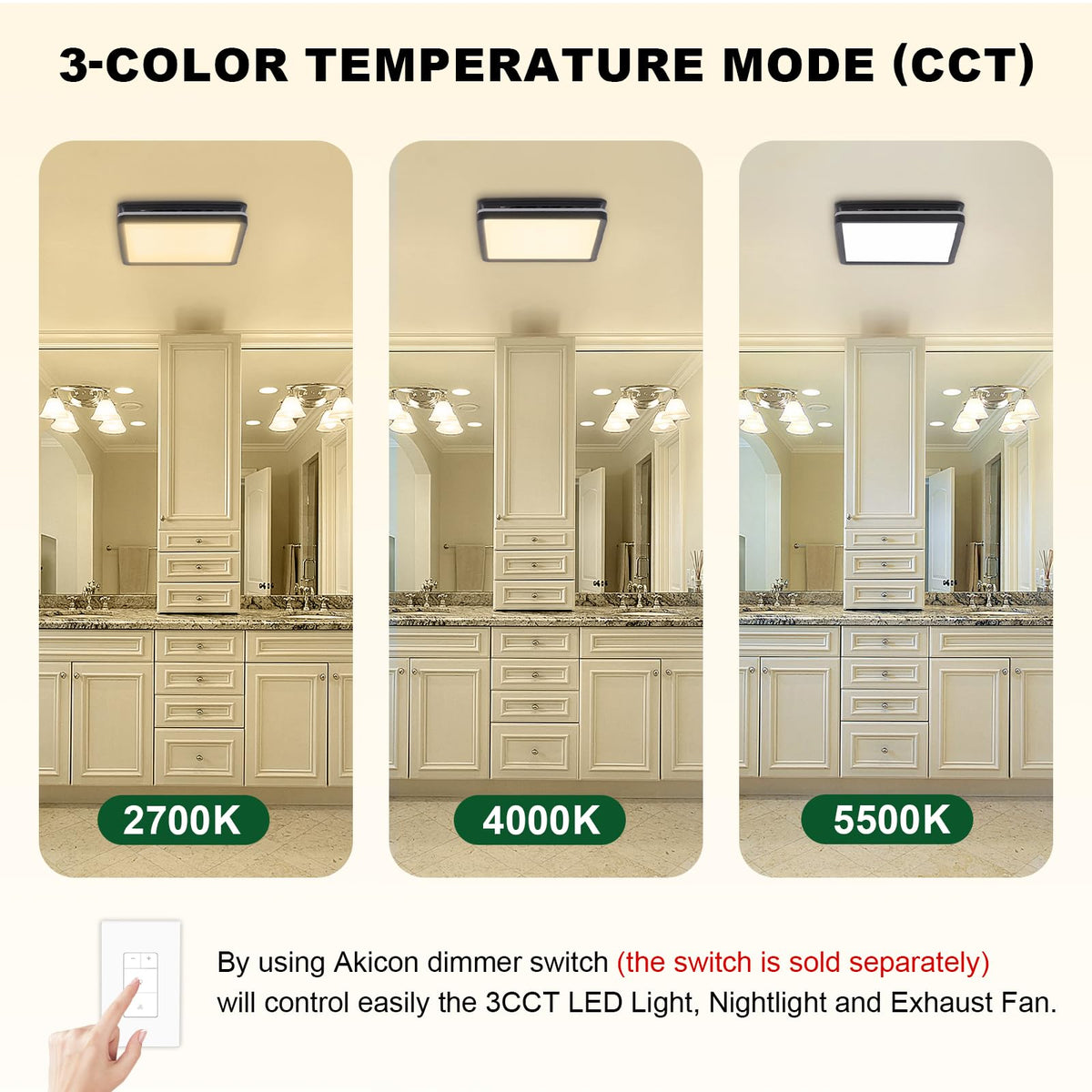 Akicon 80CFM Bathroom Exhaust Fan with Light – 3CCT LED, Nightlight, 2.0 Sones