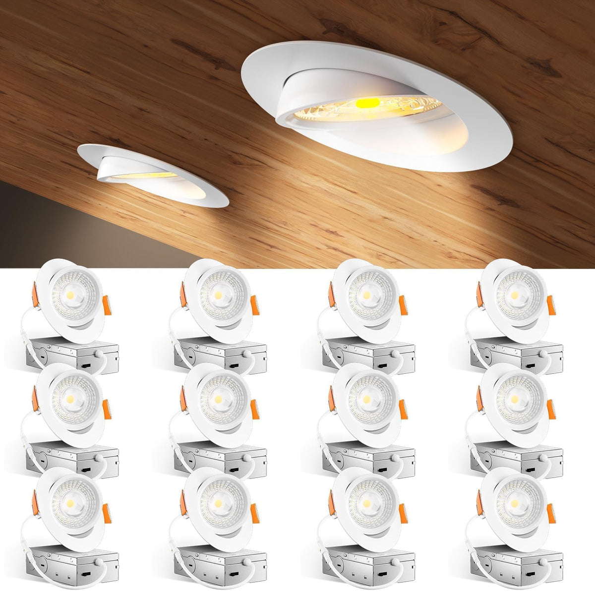 Amico 12 Pack 4-Inch Gimbal LED Recessed Downlights – 5CCT, Dimmable, CRI90+, IC Rated, 700lm