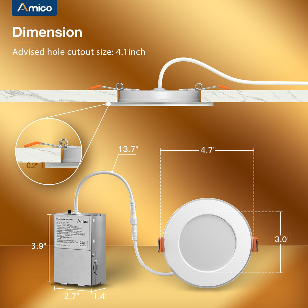 Amico 24-pack 4-Inch LED Recessed Light with Night Light – 5CCT Dimmable Canless Wafer, 2700K-5000K, ETL & FCC