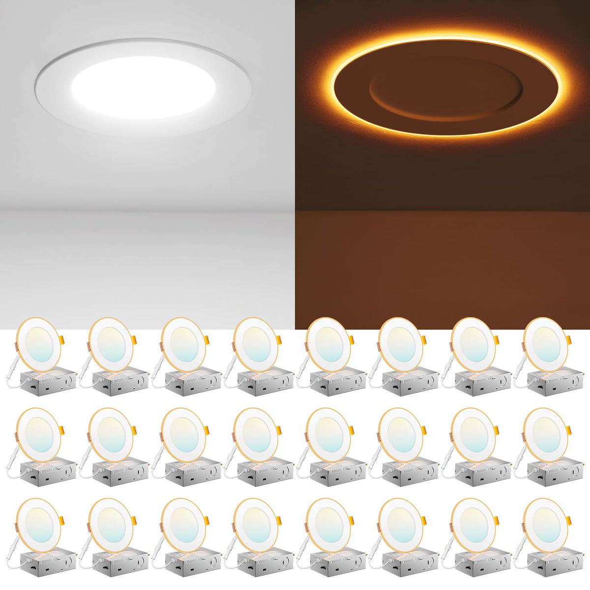Amico 24-pack 4-Inch LED Recessed Light with Night Light – 5CCT Dimmable Canless Wafer, 2700K-5000K, ETL & FCC