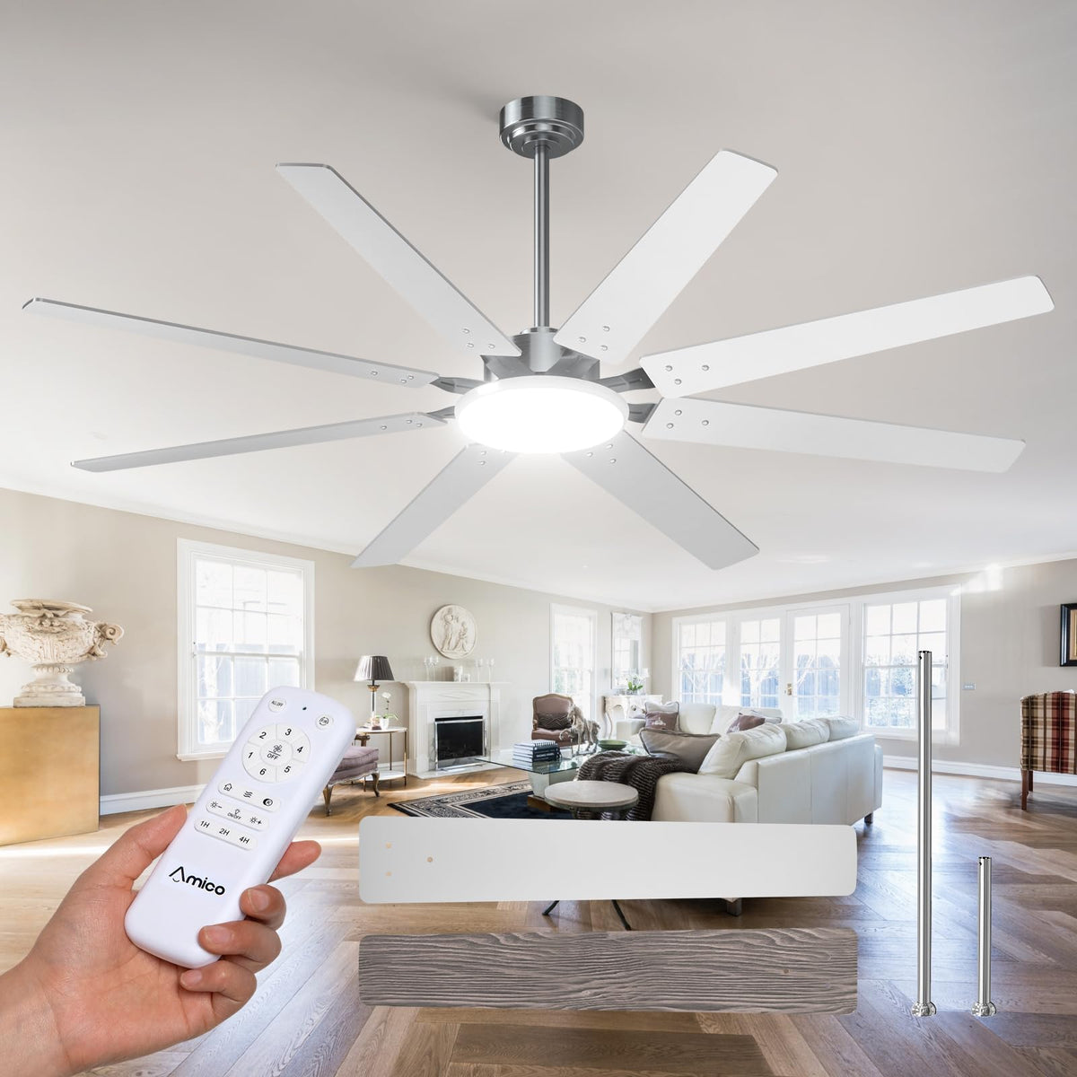 Amico 72-Inch Brushed Nickel Ceiling Fan with Light | Remote Control & DC Motor