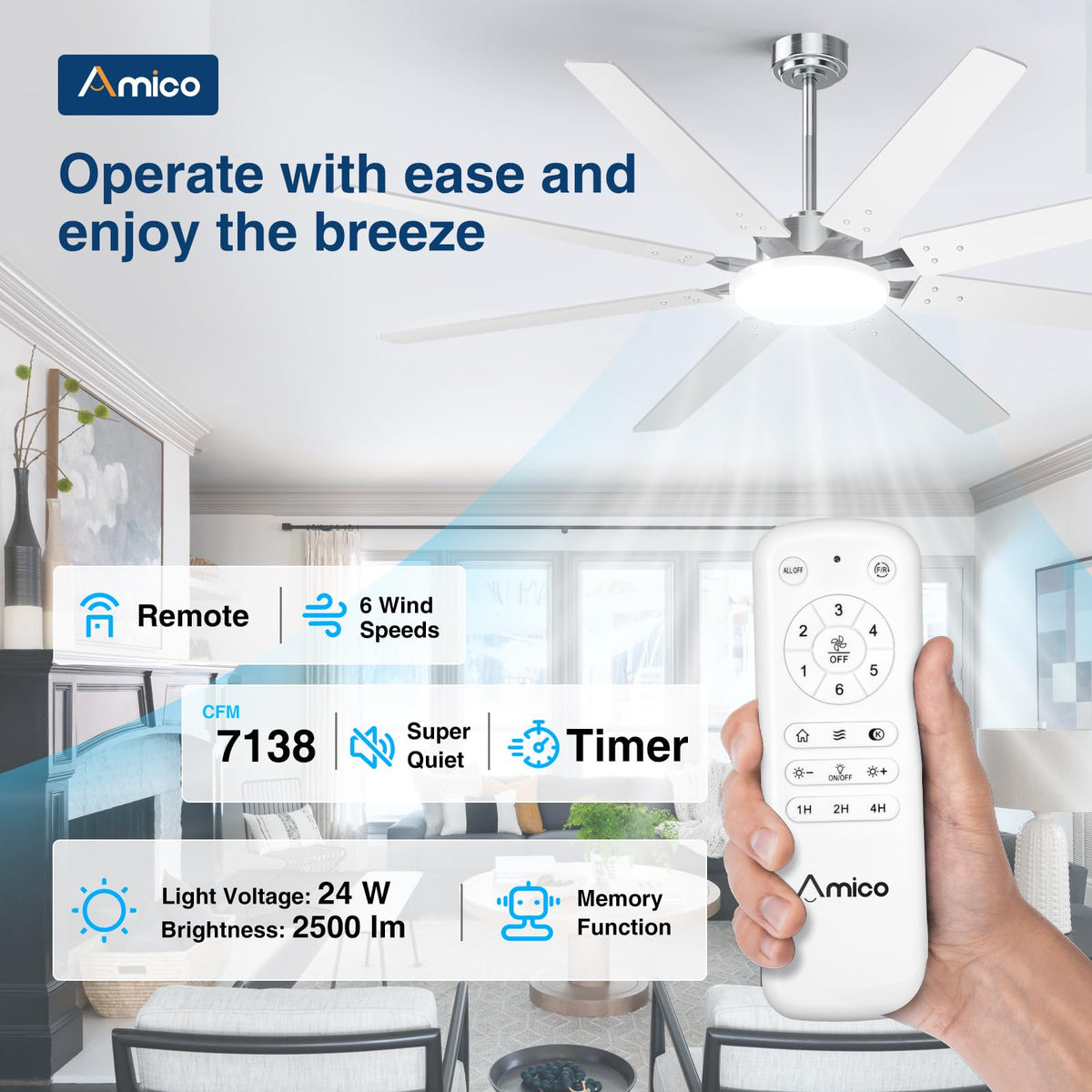 Amico 72-Inch Brushed Nickel Ceiling Fan with Light | Remote Control & DC Motor