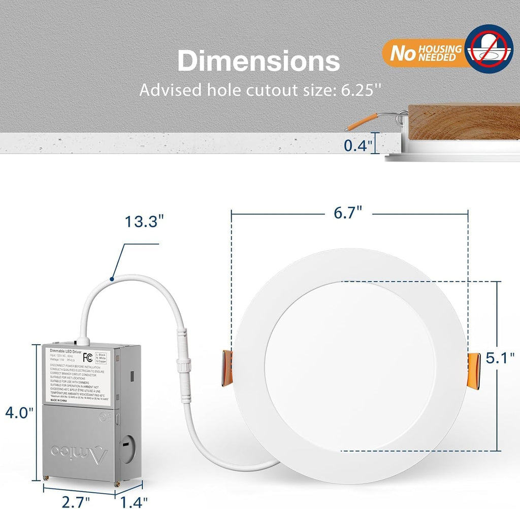 Amico 4 Pack 6-Inch 5CCT Ultra-Thin LED Recessed Light with Junction Box – Dimmable, Damp Location, IC Rated, ETL & FCC