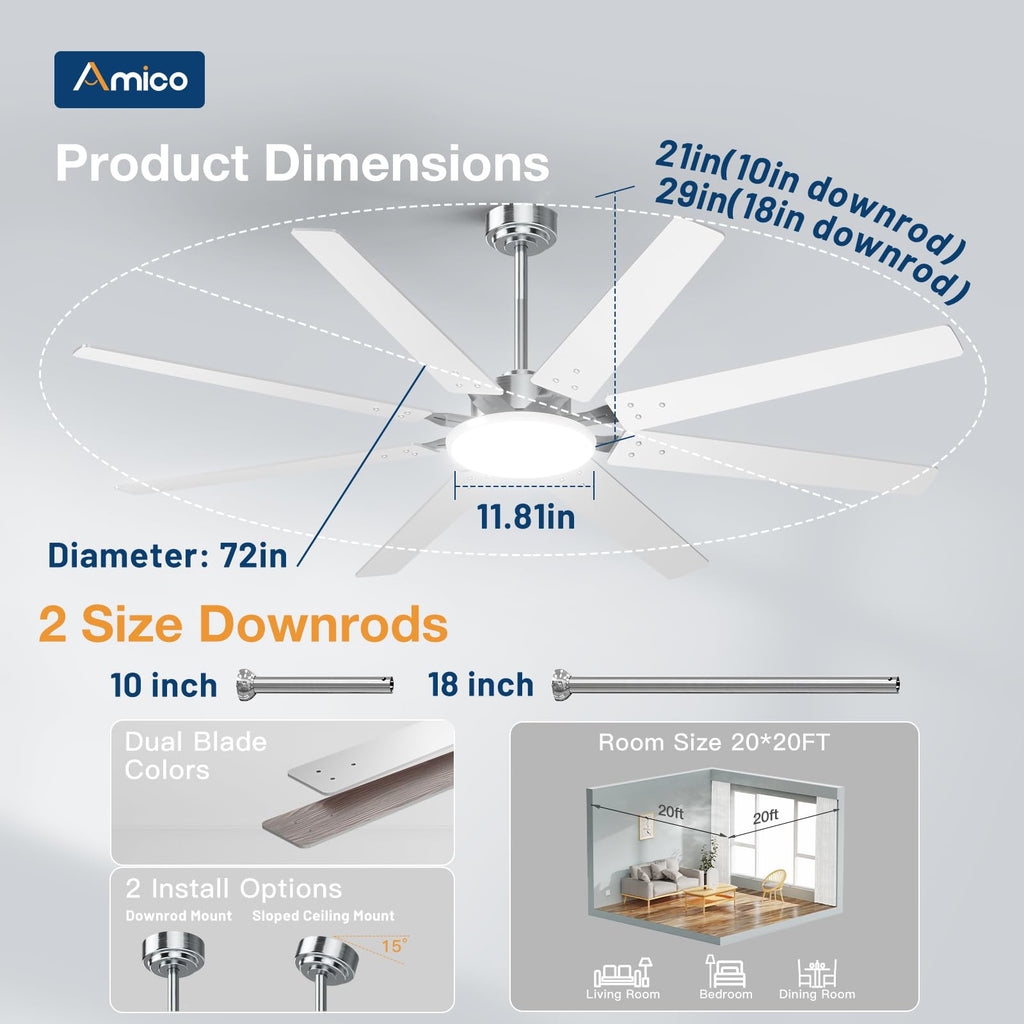 Amico 72-Inch Brushed Nickel Ceiling Fan with Light | Remote Control & DC Motor