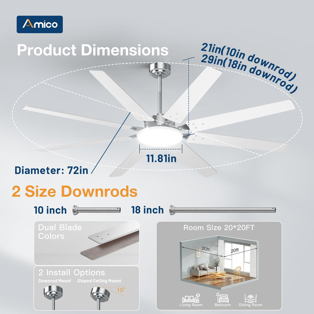 Amico 72-Inch Brushed Nickel Ceiling Fan with Light | Remote Control & DC Motor
