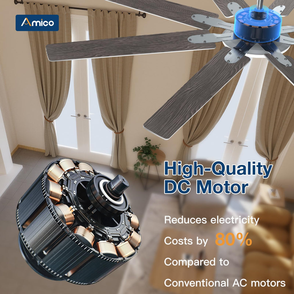 Amico 72-Inch Brushed Nickel Ceiling Fan with Light | Remote Control & DC Motor