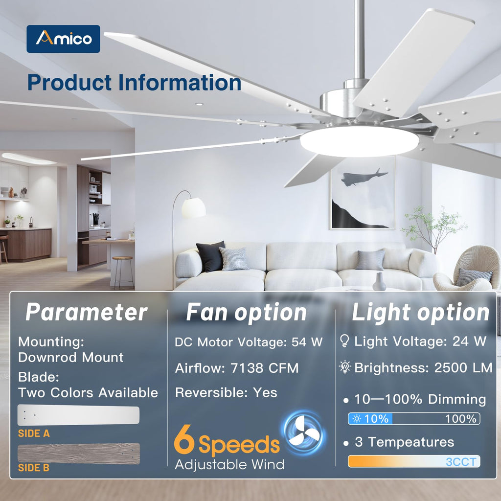 Amico 72-Inch Brushed Nickel Ceiling Fan with Light | Remote Control & DC Motor