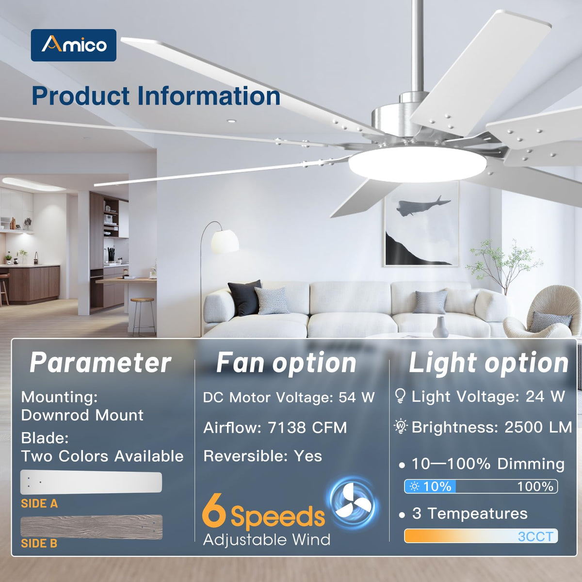 Amico 72-Inch Brushed Nickel Ceiling Fan with Light | Remote Control & DC Motor