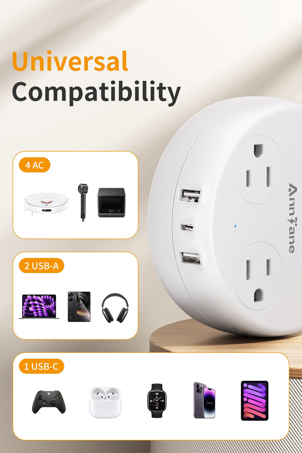 AnnTane UK Travel Plug Adapter – Retractable 7-in-1 Power Hub with 4 Outlets & 3 USB Ports