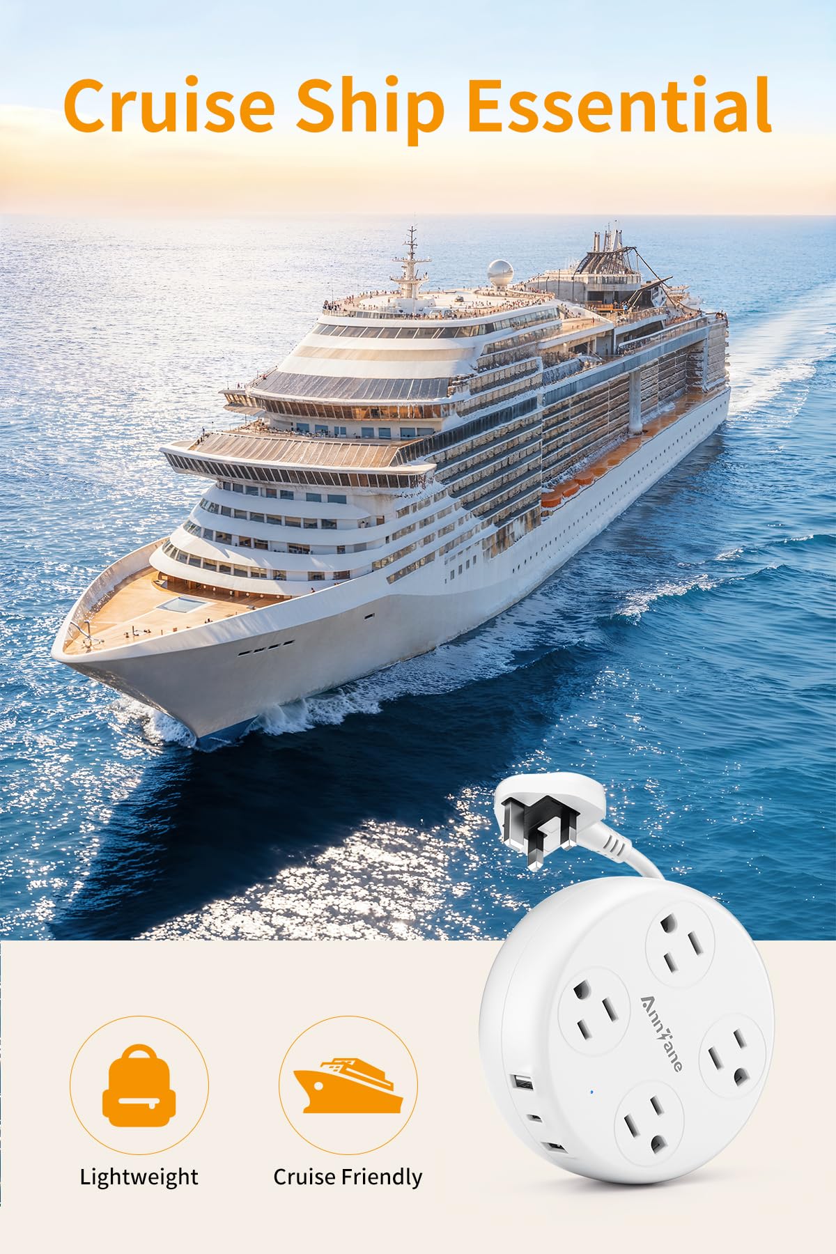 AnnTane UK Travel Plug Adapter – Retractable 7-in-1 Power Hub with 4 Outlets & 3 USB Ports