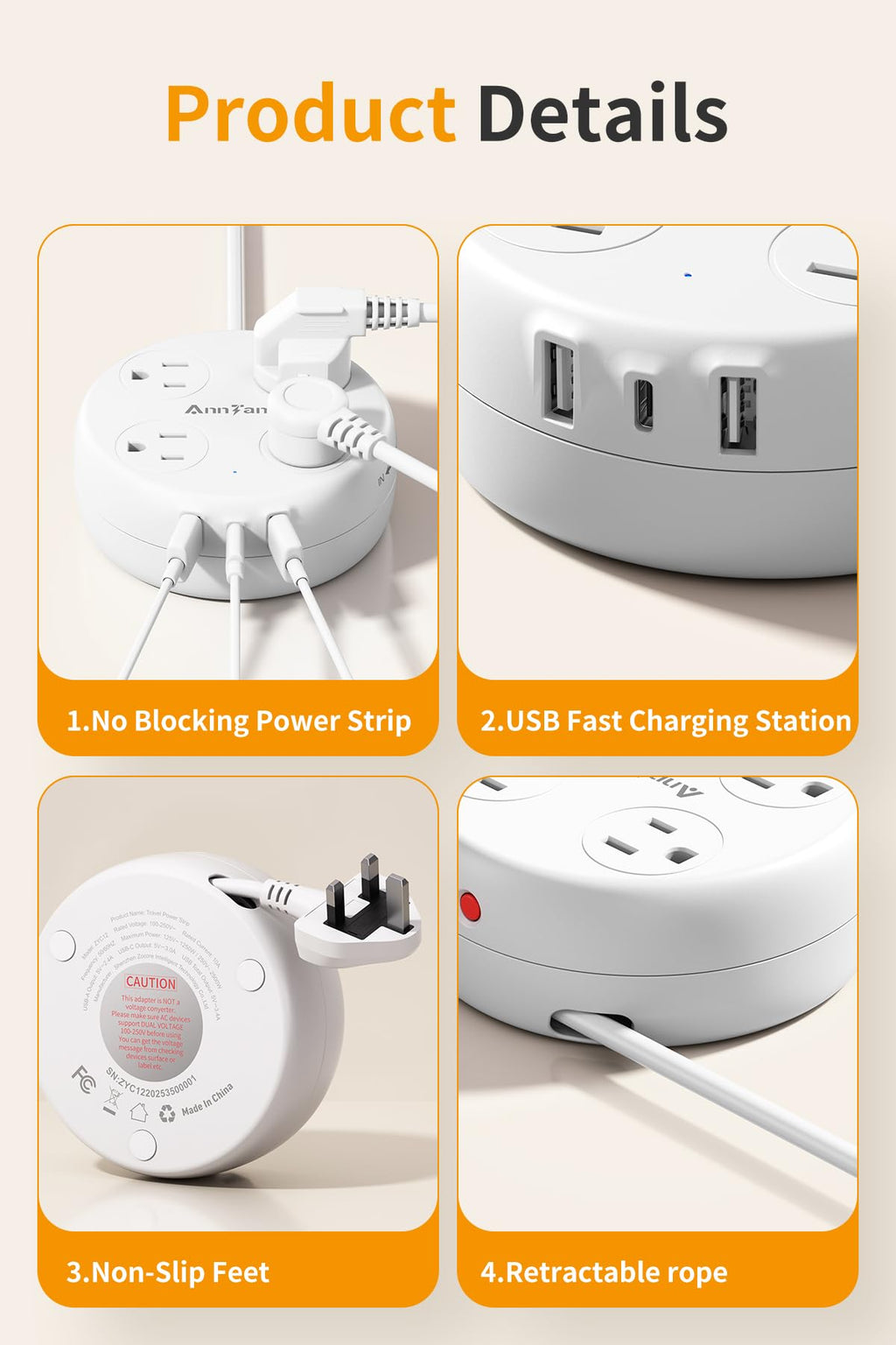 AnnTane UK Travel Plug Adapter – Retractable 7-in-1 Power Hub with 4 Outlets & 3 USB Ports