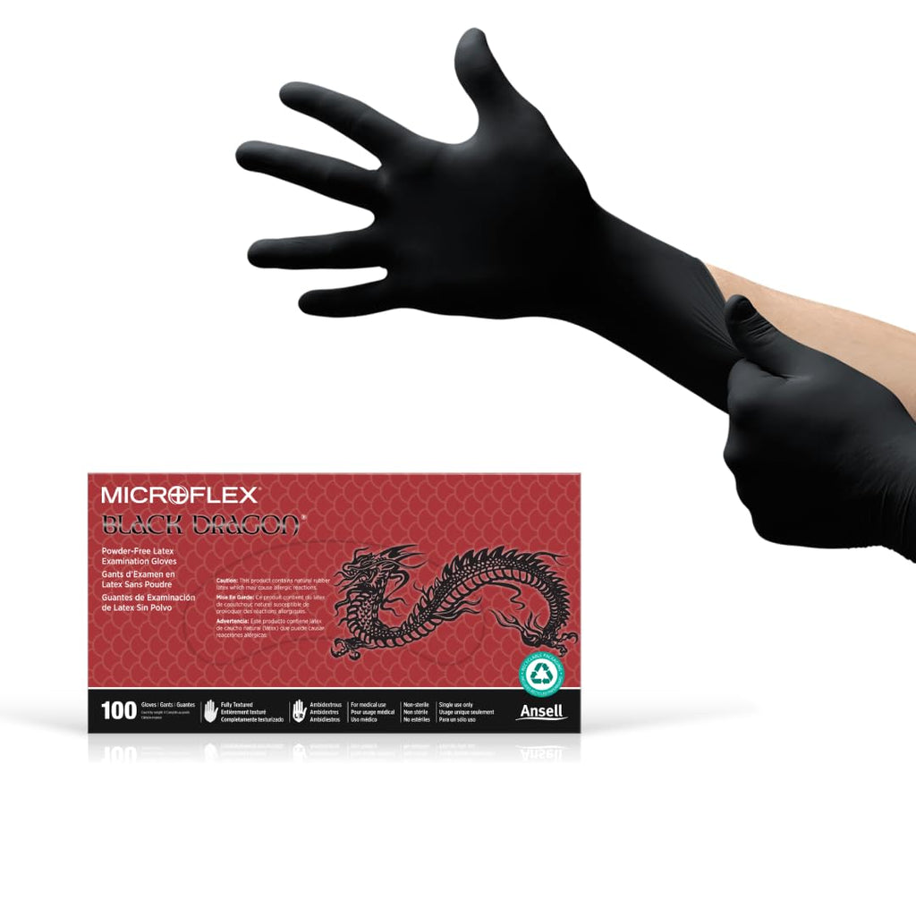 Ansell MICROFLEX Black Dragon BD-100L Heavy Duty Latex Exam Gloves – Size L (9), Pack of 100