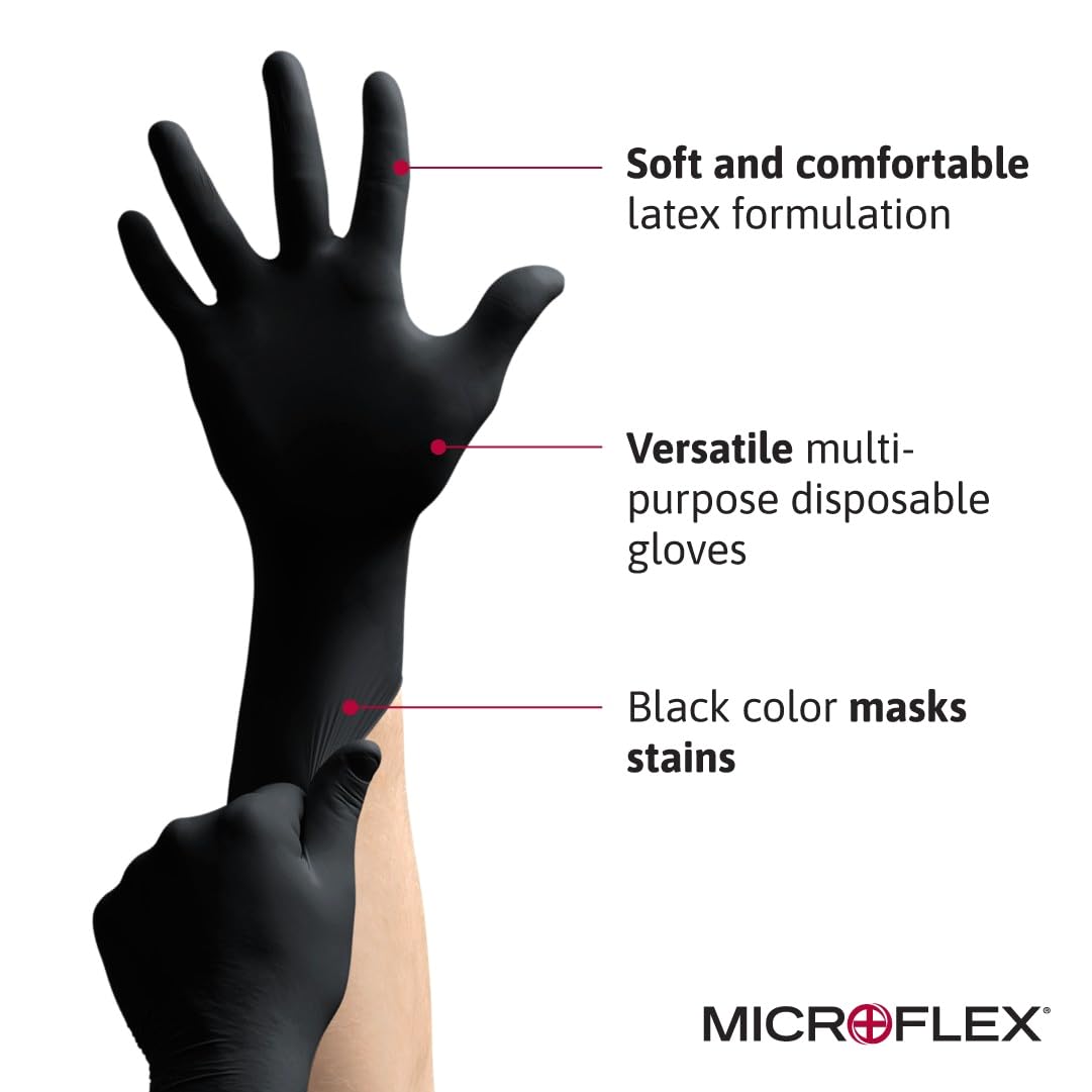 Ansell MICROFLEX Black Dragon BD-100L Heavy Duty Latex Exam Gloves – Size L (9), Pack of 100