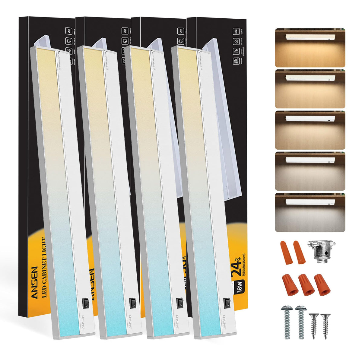 Ansen 4-Pack 24in Under-Cabinet Lighting — Dimmable LED, 2700K-5000K, CRI>92