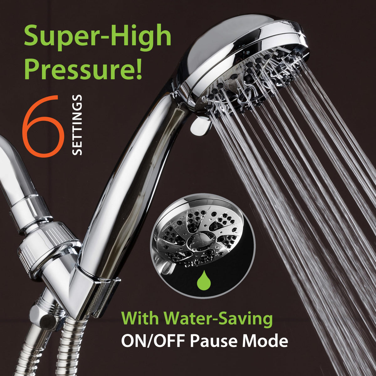 AquaDance High Pressure 6-Setting Chrome Face Handheld Shower with Hose – 3.5\" Face, 5 ft Hose, US-Quality Tested