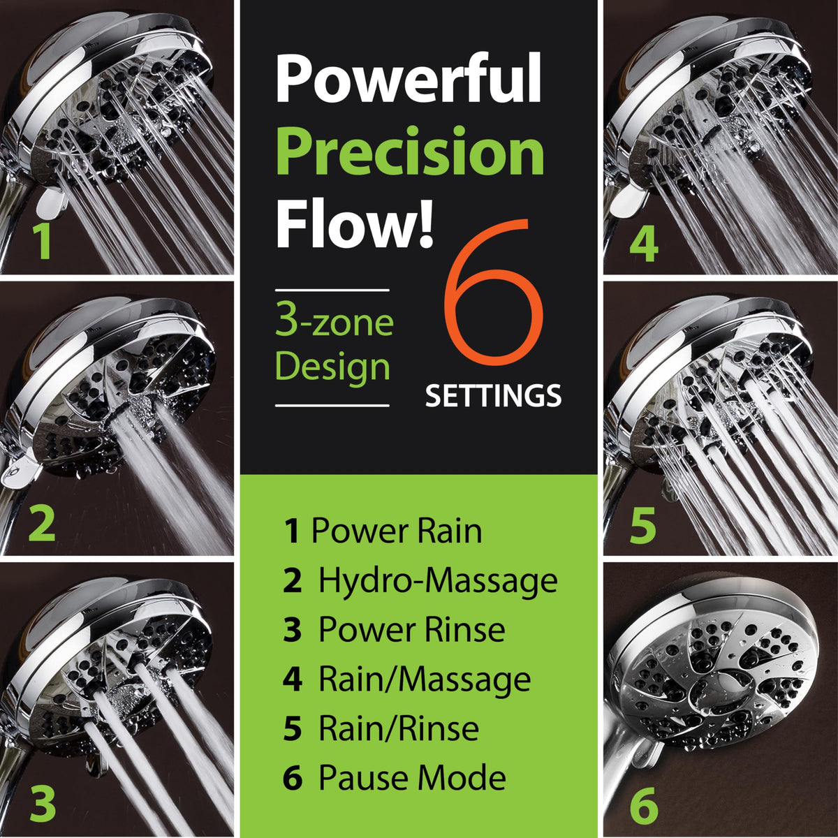 AquaDance High Pressure 6-Setting Chrome Face Handheld Shower with Hose – 3.5\" Face, 5 ft Hose, US-Quality Tested