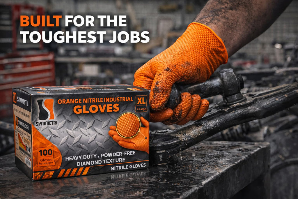 AroCare 8 Mil Orange Nitrile Gloves – Diamond Grip, Powder-Free, Latex-Free (Medium)