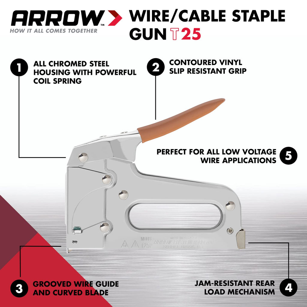 Arrow T25 Heavy Duty Staple Gun for Low Voltage Cables Up to 1/4-Inch Diameter - Silver | Arrow Fastener
