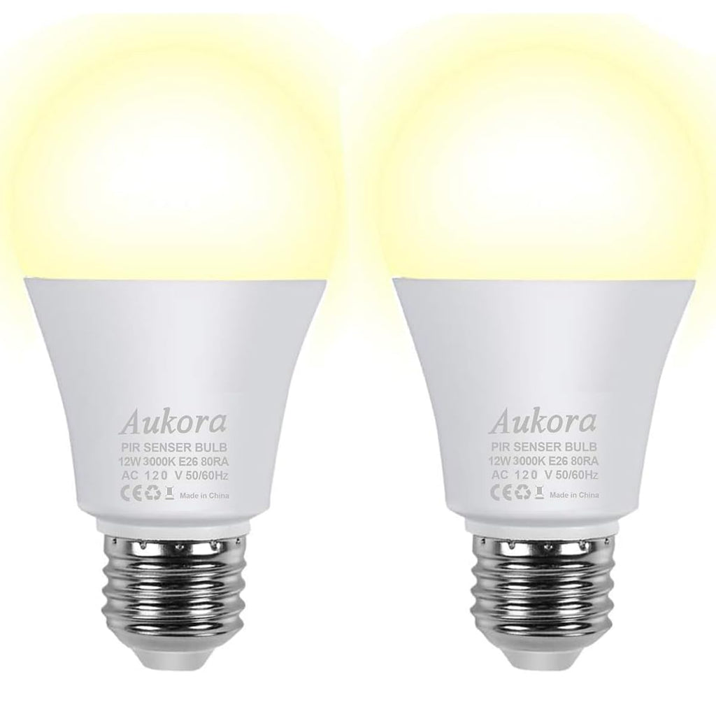 Aukora 12W Motion Sensor Light Bulbs (100W Eq) — E26, Dusk-to-Dawn & Motion Activated, 2-Pack