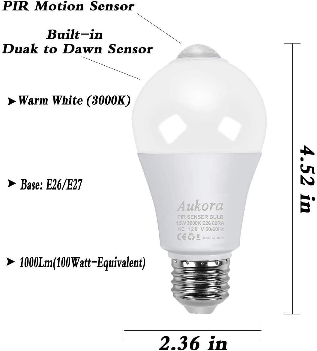 Aukora 12W Motion Sensor Light Bulbs (100W Eq) — E26, Dusk-to-Dawn & Motion Activated, 2-Pack