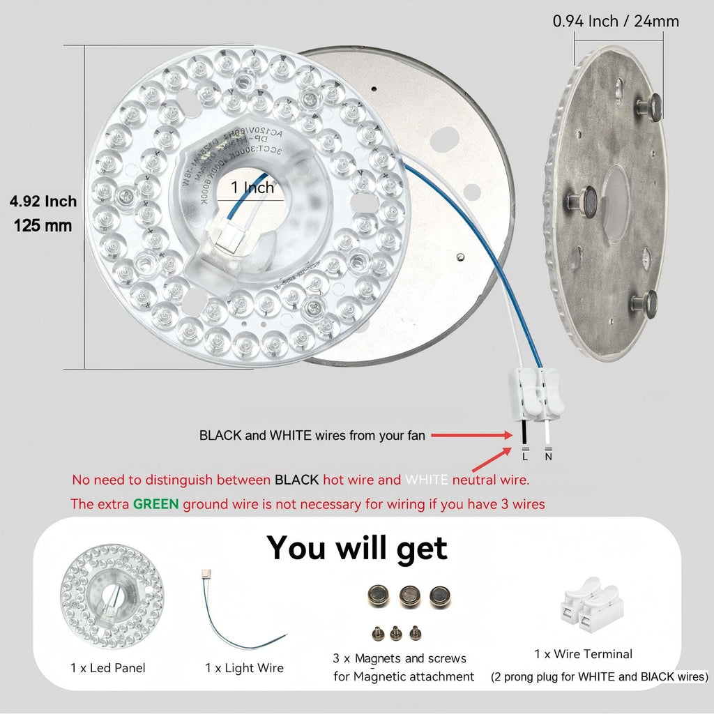 AUPRUN 4.92-inch Ceiling Fan LED Light Board – 18W, 120V, 3CCT 3000K-6000K, 1500LM, Magnetic Easy Install