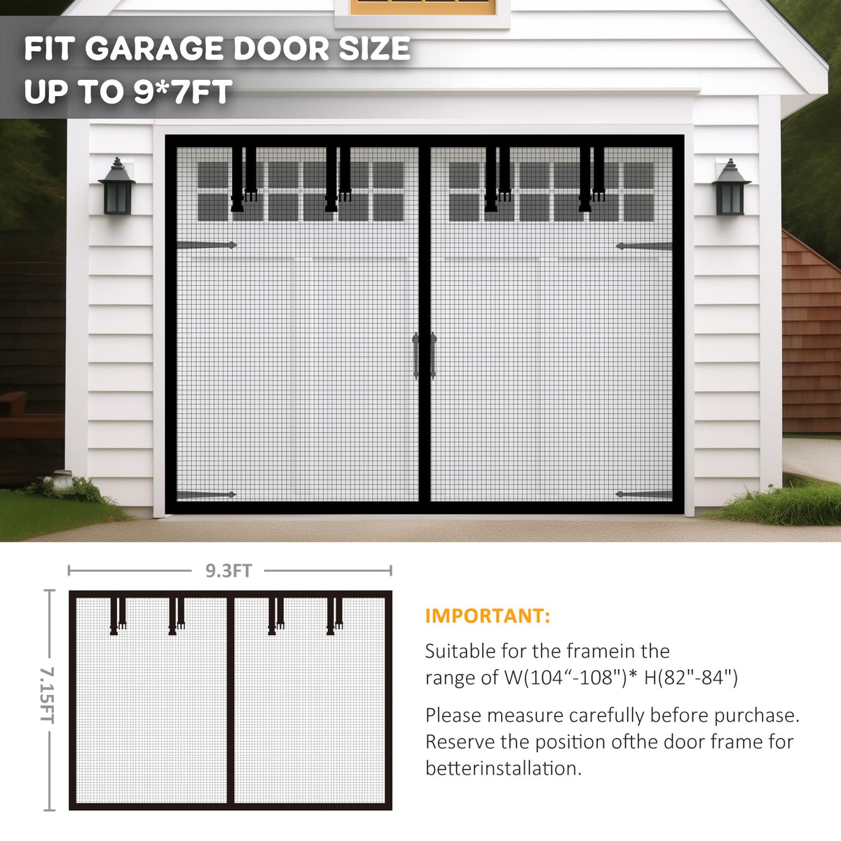 Aurelio TECH Magnetic Garage Door Screen 9x7 ft for Single Car – Easy Install, Black