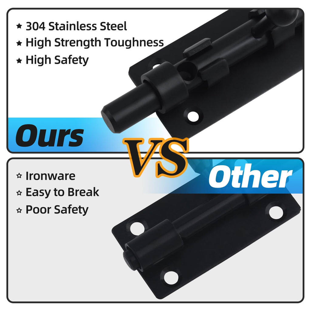 BAO YI LAI Barrel Bolt Latch – 6.3-Inch Heavy Duty Gate Lock, 304 Stainless Steel, Black