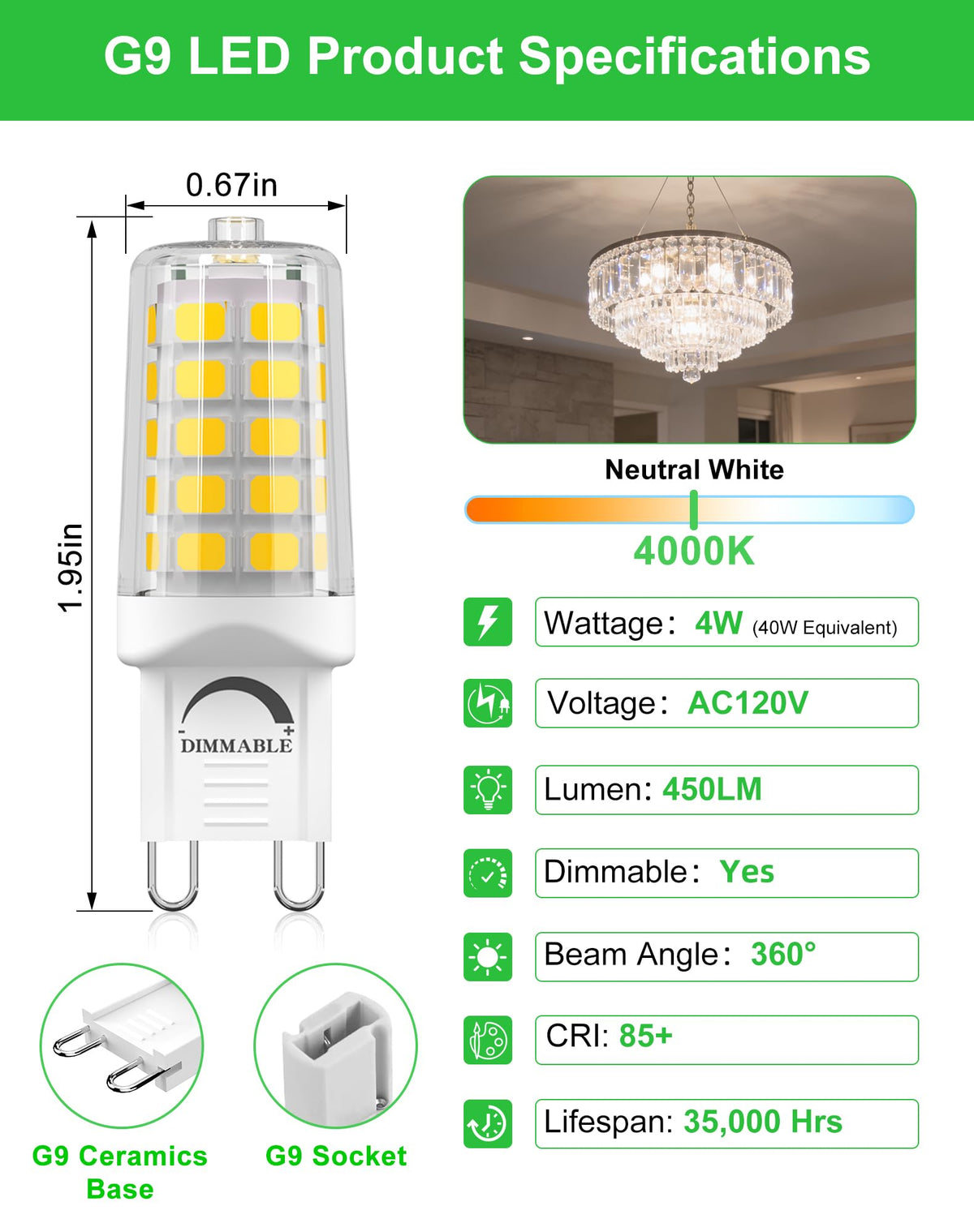 BAOMING G9 LED Bulb Dimmable 4W (40W Equivalent) – 4000K Neutral White, Ceramic Base, 450LM – 5 Pack