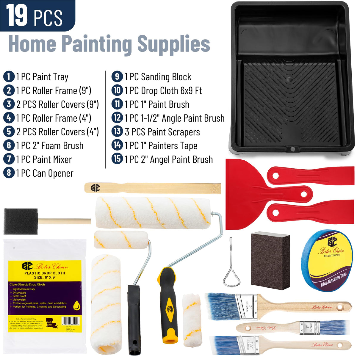 Bates Choice 19-Piece Paint Roller Kit | Microfiber Sleeves, Tray & Brushes