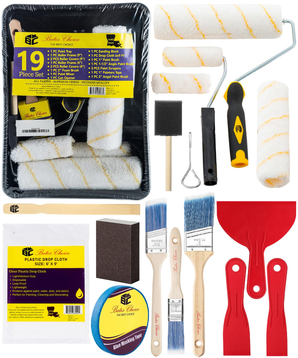 Bates Choice 19-Piece Paint Roller Kit | Microfiber Sleeves, Tray & Brushes