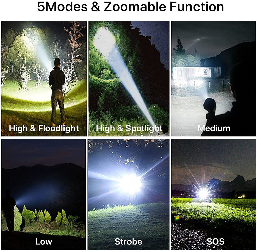 BERCOL Rechargeable Flashlight 90000 Lumens - 5 Modes, IPX5 Waterproof, 1000m Beam