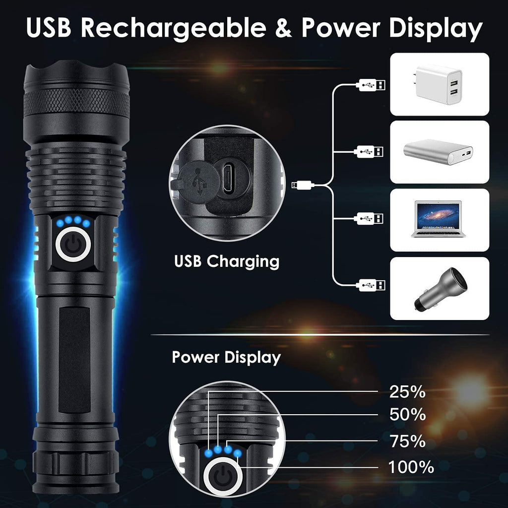 BERCOL Rechargeable Flashlight 90000 Lumens - 5 Modes, IPX5 Waterproof, 1000m Beam