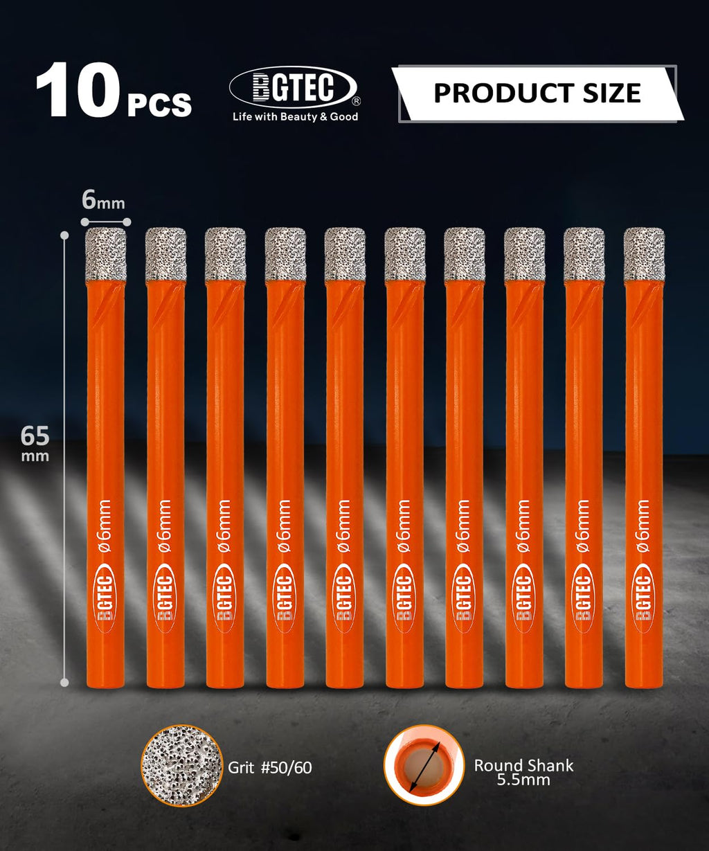 BGTEC Dry Diamond Drill Bit Set - 10pc, 1/4" (6mm) Hole Saw Kit for Granite, Marble & More